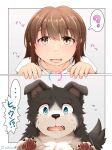 black_body black_fur blue_eyes blush body_swap brown_eyes brown_hair canid canine canis clothing confusion domestic_dog female fur hair hi_res human mammal mikazuki162 pawpads paws raised_paw shirt teeth tongue tongue_out topwear white_body white_clothing white_fur white_shirt white_topwear worried