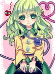  blush crazy_straw douji drinking_straw green_eyes green_hair hat hat_removed headwear_removed heart heart-shaped_pupils heart_of_string heart_straw komeiji_koishi long_hair solo symbol-shaped_pupils third_eye touhou 