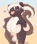 animal_genitalia animancer balls bedroom_eyes belly black_body black_fur fangs fur genitals gesture green_eyes hand_gesture hi_res male mammal mephitid narrowed_eyes nude penis pointing pointing_at_penis seductive sheath simple_background skunk skunkybutt small_fangs solo teeth
