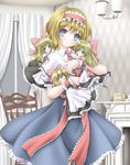  alice_margatroid apron bad_id bad_pixiv_id blonde_hair blue_eyes bow box capelet chair closed_eyes curtains doll_hug dress fireplace hair_bow indoors long_hair looking_at_viewer outstretched_hand sash shanghai_doll short_hair smile solo teapot touhou waist_apron window wrist_cuffs yosiaki 