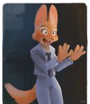 4_fingers accessory anthro blush bodily_fluids canid canine clothing diane_foxington dreamworks female fingers fox fur gamgyuls hands_up hi_res mammal necktie open_mouth orange_body orange_fur shocked solo suit surprised sweat sweatdrop the_bad_guys