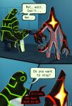 1_eye 4_fingers aether_(strawberryoverlord) alien ambiguous_gender ben_10 biped black_body blue_background cartoon_network circuit_markings comic countershading detailed_background dialogue duo english_text fan_character fingers galvanic_mechamorph glistening glistening_body goo_creature green_markings hi_res light lighting looking_at_another lumen_fox male malware_(ben_10) markings metallic_body overweight red_markings shaded silver_countershading simple_background sitting speech_bubble spikes spikes_(anatomy) standing star_(marking) tail text white_body white_countershading
