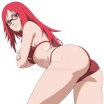  1girl ass bent_over bikini breasts closed_mouth commentary english_commentary glasses highres karin_(naruto) kiripetals long_hair looking_at_viewer looking_back naruto_(series) naruto_shippuuden red_bikini red_eyes red_hair simple_background small_breasts smile solo standing swimsuit thighs watermark white_background 