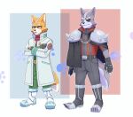  2boys absurdres aged_up animal_ears black_gloves black_pants brown_fur claws closed_mouth commentary crossed_arms english_commentary eyepatch fox_boy fox_ears fox_mccloud fox_tail furry furry_male glasses gloves green_pants grey_fur highres jacket kokorotokoro looking_to_the_side male_focus multiple_boys open_mouth pants red_shirt scar scar_across_eye scar_on_face shirt shoulder_spikes spikes star_fox tail white_jacket wolf_boy wolf_ears wolf_o'donnell wolf_tail 