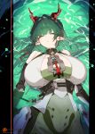  1girl absurdres arknights arknights:_endfield bare_shoulders black_gloves blush breasts dragon_girl dragon_horns dress eastern_dragon_horns elbow_gloves eyeliner gloves green_dress green_eyes green_hair highres horns huge_breasts long_hair looking_at_viewer lying makeup on_back paid_reward_available pointy_ears red_horns solo two-tone_dress water white_dress yanje zhuang_fangyi_(arknights) 