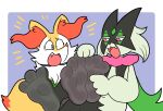 3_toes anthro braixen canid canine compysteps domestic_cat feet felid feline felis foot_focus fox fur generation_6_pokemon generation_9_pokemon green_body green_fur hi_res laugh mammal meowscarada nintendo open_mouth pokemon pokemon_(species) soles tickling tickling_feet toes