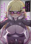  1girl absurdres black_leggings black_shrug blonde_hair blush bow breasts commentary_request cowboy_shot earrings grey_background hair_bow hair_ornament heart heart-shaped_pupils heart_earrings heart_hair_ornament heavy_breathing highres huge_breasts inkling inkling_girl inkling_player_character jewelry leaning_forward leggings licking_lips long_hair long_sleeves looking_at_viewer open_mouth pointy_ears purple_bow purple_eyes reaching reaching_towards_viewer shirt shrug_(clothing) solo splatoon_(series) suction_cups symbol-shaped_pupils ta2pcy tentacle_hair thighs tight_clothes tongue tongue_out translation_request white_shirt 