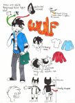 anthro clothing english_text fangs fluffy_ears fur herutastic male model_sheet open_mouth solo tail teeth text toony white_body white_eyes white_fur