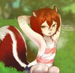 anthro bodily_fluids bottomwear brown_eyes clothing female flat_chested grass hair hands_behind_head hi_res hybrid juno_(nayanabo) mammal markings mephitid mole_(marking) musk musky_armpit nayanabo outside plant red_hair shirt shorts skunk solo speech_bubble sweat sweatdrop tank_top topwear