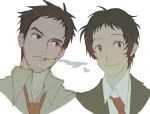  2boys adachi_tooru beard_stubble black_hair business_suit cigarette doomsona doujima_ryoutarou facial_hair highres looking_at_viewer male_focus multiple_boys necktie persona persona_4 red_necktie smile smoking stubble suit thick_eyebrows 