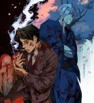  2boys black_hair blood blood_on_clothes blood_on_face brown_jacket cigarette closed_mouth collared_shirt commentary_request gegege_no_kitarou grey_hair hands_in_opposite_sleeves highres jacket kitarou_tanjou:_gegege_no_nazo korean_commentary luke_skyfaller male_focus medama_oyaji_(human) mizuki_(gegege_no_kitarou) multiple_boys necktie petals red_necktie scar scar_across_eye scar_on_face shirt short_hair smoke smoking tombstone wide-eyed 