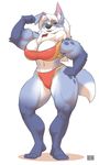  anthro big_breasts black_nose blue_fur bng breasts canine chest_tuft cleavage clothed clothing dog eyewear female fur glasses hair long_hair mammal morgi muscles muscular_female navel solo standing tuft white_fur white_hair 