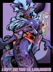  2girls animal_ears bad_id breasts claws cleavage commentary_request dated_commentary fenrir_(final_fantasy) final_fantasy final_fantasy_xi floral_print floral_print_kimono furrification furry furry_female genderswap genderswap_(mtf) japanese_clothes kimono lamia lamia_(final_fantasy) live_hood medium_breasts monster_girl multiple_girls obi obijime off_shoulder open_mouth orange_eyes print_kimono purple_kimono red_sash sash sharp_teeth smile summoner_(final_fantasy) teeth tomotsuka_haruomi wolf_ears wolf_girl 