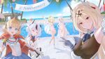  >_< +_+ 5girls absurdres azur_lane balloon bare_shoulders bikini blonde_hair blue_eyes blue_skirt breasts cape commentary day double_bun double_v elbow_gloves english_commentary food food_in_mouth gauntlets gloves gold_trim hair_between_eyes hair_bun highres l'audacieux_(azur_lane) l'indomptable_(azur_lane) large_breasts le_malin_(azur_lane) le_malin_(mercredi_at_the_secret_base)_(azur_lane) le_terrible_(azur_lane) le_terrible_(sunlight_seaspray_and_sanctity)_(azur_lane) le_triomphant_(azur_lane) looking_at_viewer mister_varkat multiple_girls official_alternate_costume outdoors pocky pocky_in_mouth red_cape red_eyes siblings sisters skirt small_breasts summer swimsuit v water white_bikini white_gloves white_hair 