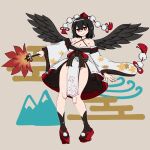  1girl avian_zebra bird_wings black_hair black_socks black_wings breasts cleavage closed_mouth commentary detached_sleeves egasumi english_commentary feathered_wings geta groin hat hauchiwa highres japanese_clothes kimono kourindou_tengu_costume large_breasts leaf_print looking_at_viewer maple_leaf_print medium_hair mountain no_panties official_alternate_costume pelvic_curtain pointy_ears pom_pom_(clothes) red_eyes red_hat red_sandals sandals shameimaru_aya side_slit simple_background smile socks solo tengu-geta thighs tokin_hat touhou white_kimono wide_sleeves wings 