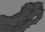 ambiguous_gender anthro black_and_white claws feet foot_focus greyscale horn monochrome raketh scales scalie solo tail toes