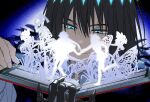  1boy 2girls artoria_caster_(fate) artoria_caster_(second_ascension)_(fate) artoria_pendragon_(fate) black_claws black_hair blue_eyes bob_cut book bug butterfly claws closed_mouth double-parted_bangs empty_eyes fairy fate/grand_order fate_(series) fingernails floating_hair frilled_shirt_collar frills fujimaru_ritsuka_(female) fujimaru_ritsuka_(female)_(polar_chaldea_uniform) full_body glowing glowing_eyes hair_between_eyes half-closed_eyes head_tilt highres holding holding_book holding_hands holding_staff leg_up long_fingernails long_hair long_sleeves looking_down medium_hair multiple_girls oberon_(fate) oberon_(third_ascension)_(fate) open_book paper_cutout paper_doll portrait running sharp_fingernails shirt short_hair silhouette smile staff staff_of_selection_(fate) vo1ez white_shirt 