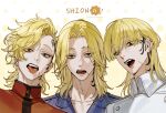  3boys :p amandasu black_eyes blonde_hair blunt_bangs bousouzoku character_name collarbone delinquent ear_piercing head_tattoo high_collar highres lion looking_at_viewer madarame_shion male_focus medium_hair multiple_boys multiple_persona official_alternate_hairstyle open_mouth piercing polka_dot polka_dot_background scar scar_on_chin scar_on_face tokyo_revengers tongue tongue_out upper_body 