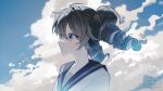 1girl absurdres ahoge alternate_hair_color blue_eyes blue_hair blue_sailor_collar blue_sky closed_mouth cloud cloudy_sky commentary_request copyright_request crying crying_with_eyes_open day drill_hair floating_hair from_side gradient_hair grey_hair hair_between_eyes highres kasane_teto kasane_teto_(sv) long_hair looking_ahead multicolored_hair outdoors portrait sailor_collar shirt siocm sky solo synthesizer_v tears twin_drills utau watermark white_shirt 