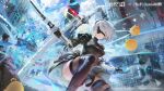  1girl 2b_(nier:automata) absurdres azur_lane black_boots black_dress black_gloves black_hairband black_thighhighs blindfold boots building copyright_logo copyright_notice covered_eyes dress feather-trimmed_sleeves floating floating_object floating_sword floating_weapon gloves hairband highres holding holding_sword holding_weapon juliet_sleeves katana logo long_sleeves manjuu_(azur_lane) mole mole_under_mouth nier:automata nier_(series) official_art parted_lips puffy_sleeves short_hair solo sword thigh_boots thighhighs thighhighs_under_boots weapon white_hair 
