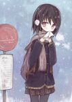  1girl amakaze_sora backpack bag black_hair black_jacket black_pantyhose breath brown_eyes brown_scarf brown_skirt bus_stop_sign commentary_request day earmuffs envelope hair_between_eyes heart holding holding_envelope jacket love_letter original outdoors pantyhose pleated_skirt scarf sketch skirt solo 