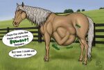 2025 belly big_belly brown_body brown_ears brown_legs dragonczech english_text equid equine fence feral feral_pred fully_inside grass hair hi_res horse horse_tail human human_prey male male_pred mammal mane plant rumbling_stomach speech_bubble tail text tree unseen_prey vore white_mane white_tail