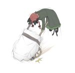2_tails accessory accident animal_humanoid asian_mythology black_clothing black_ears black_footwear black_shoes bow_ribbon braided_hair cat_humanoid clothing dress east_asian_mythology felid felid_humanoid feline feline_humanoid female footwear green_clothing green_dress hair hair_accessory hair_bow hair_ribbon hi_res high-angle_view humanoid japanese_mythology mammal mammal_humanoid motion_lines multi_tail mythology nekomata peroponesosu pigtails red_hair ribbons rin_kaenbyou rock shoes simple_background solo tail touhou twin_braids twintails_(hairstyle) wheelbarrow white_background yokai