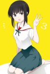  1girl :d barefoot black_hair blush commentary_request commission feet finger_counting fubuki_(kancolle) fubuki_kai_san_(kancolle) fubuki_kai_san_go_(type_6)_(kancolle) full_body green_ribbon green_skirt grey_eyes hair_between_eyes highres kantai_collection kimura_shiki long_hair looking_at_viewer low_twintails neck_ribbon open_mouth pleated_skirt ribbon sailor_collar sailor_shirt school_uniform second-party_source serafuku shadow shirt short_sleeves sidelocks simple_background sitting skeb_commission skirt smile solo twintails white_sailor_collar white_shirt yellow_background 