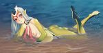 animal_humanoid aquatic aquatic_humanoid arm_fin black_markings blue_submarine_no._6 breasts butt chest_tuft external_gills eyeshadow facial_markings feet female female_humanoid fin fish fish_humanoid forehead_markings gills grey_hair hair hair_over_eye head_markings head_tilt humanoid hybrid kicking_legs looking_at_viewer lying makeup markings monster_girl_(genre) mossmoth multicolored_body multicolored_hair mutio nipples nude on_front partially_submerged pink_nipples pointy_ears red_eyes red_eyeshadow red_markings sea seductive slim small_breasts solo solo_focus splash tuft water water_drop white_body white_hair yellow_body