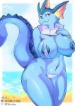 absurd_res anthro areola beach big_breasts blue_areola blue_body breasts camel_toe clothing eeveelution female female_anthro flirting flirting_with_viewer generation_1_pokemon hi_res nintendo pokemon pokemon_(species) solo swimwear thick_thighs vaporeon wide_hips workakeius