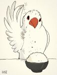 2021 ambiguous_feral ambiguous_gender artist_name avian beak beak_closed bird black_eyes bowl container digital_drawing_(artwork) digital_media_(artwork) empty_eyes feather_hands feathers feral finch food hi_res java_sparrow ka92 looking_down looking_down_at_food meme mouth_closed oscine passerine portrait red_beak rice salt salt_bae shaded solo text three-quarter_portrait white_body white_feathers wings