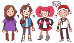  2boys 2girls :t antenna_hair arm_warmers ball_hands black_arm_warmers black_jacket black_pants black_scarf black_shoes blue_vest blush_stickers boots bow brown_boots brown_hair closed_mouth deformed dress earmuffs english_text eyelashes full_body fur-trimmed_headwear fur_trim grey_hoodie grey_leg_warmers grey_pants hair_bun hands_on_own_hips hat hood hood_down hoodie jacket junpei_(kyokugen_dasshutsu) knightofbunnies kurashiki_akane kyokugen_dasshutsu kyokugen_dasshutsu:_9_jikan_9_nin_9_no_tobira layered_sleeves leg_warmers long_hair long_sleeves multiple_boys multiple_girls open_clothes open_jacket open_vest pants pink_hair pom_pom_(clothes) profanity purple_dress red_bow red_hat red_shirt red_skirt santa_(kyokugen_dasshutsu) santa_hat scarf shirt shoes short_hair short_over_long_sleeves short_sleeves simple_background single_hair_bun single_side_bun skirt sleeveless sleeveless_shirt solid_circle_eyes speech_bubble standing twintails vest white_background white_shirt white_shoes yotsuba_(kyokugen_dasshutsu) 