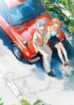  2girls alternate_costume bare_shoulders black_shoes black_skirt breasts brown_sandals brown_sweater_vest car cleavage collarbone collared_shirt commentary cover cover_page dappled_sunlight day double_bun doujin_cover english_text full_body hair_bun hair_ornament highres hinoshita_kaho love_live! love_live!_hasu_no_sora_jogakuin_school_idol_club medium_breasts motor_vehicle multiple_girls off-shoulder_shirt off_shoulder on_car orihi_chihiro outdoors pants ponytail red_car road sandals shirt shoes short_hair short_ponytail short_sleeves sidelocks sitting skirt star_(symbol) star_hair_ornament sunlight sweater_vest swimsuit toes virtual_youtuber white_pants white_shirt yugiri_tsuzuri 