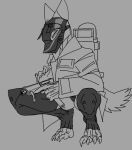 ambiguous_gender anthro backpack ballistic_mask buttergug claws clothed clothing crouching digitigrade furgonomic_headwear furgonomics grey_background greyscale gun holding_gun holding_object holding_ranged_weapon holding_weapon inheritor jacket legwear lizard looking_at_viewer mask monochrome narrowed_eyes pantsless project_silverfish ranged_weapon reptile scalie simple_background solo squint submachine_gun thigh_highs thong topwear underwear uzi weapon