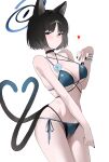  1girl absurdres animal_ears bare_arms bare_shoulders bikini black_bikini black_choker black_eyes black_hair black_halo black_nails blue_archive blue_bikini blue_halo blue_ribbon blush breasts bright_pupils cat_ears cat_tail choker closed_mouth collarbone commentary cowboy_shot criss-cross_halter fingernails gradient_halo groin half-closed_eyes halo halterneck hand_up heart heart_tail highres kikyou_(blue_archive) kikyou_(swimsuit)_(blue_archive) korean_commentary layered_bikini medium_breasts multi-strapped_bikini_bottom multi-strapped_bikini_top multicolored_halo multiple_tails nail_polish official_alternate_costume ribbon seueo short_hair side-tie_bikini_bottom simple_background solo standing strap_gap swimsuit tail two_tails white_background white_pupils wrist_ribbon 