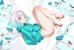  1girl aqua_eyes aqua_hair aqua_hoodie ass bare_legs blue_eyes blush bow bow_panties breasts closed_mouth commentary densetsu.exe drawstring fetal_position full_body gold_shoes gradient_hair grey_hair hair_ornament high_heels hood hood_down hooded_jacket hoodie jacket long_sleeves looking_at_viewer lying mint_fantome multicolored_hair no_pants on_bed on_side panties pointy_ears sansha_art shoes short_hair sideways_glance small_breasts smile solo stuffed_animal stuffed_cat stuffed_toy thighs toes two-tone_hair underwear virtual_youtuber white_hair white_panties x_hair_ornament 