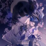  1girl beret blue_background blue_eyes blue_hair chinese_commentary closed_mouth colored_inner_hair commentary_request detached_sleeves empty_eyes flower hand_up hat highres long_sleeves looking_at_viewer magical_girl mahou_shoujo_no_inshuu_mura mikage_rizu multicolored_hair short_hair solo upper_body white_flower xhs_hotaru 