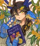  1boy absurdres androgynous animal_hands bifuteki_(bi_futeki) blonde_hair book braid braided_ponytail brown_hair claws commentary_request dragon_boy dragon_ears dragon_horns dragon_tail eastern_dragon_horns eastern_dragon_tail flower glasses hair_flower hair_ornament hair_over_shoulder highres holding holding_book horns long_hair looking_at_viewer male_focus monster_boy multicolored_hair original pink_background slit_pupils solo streaked_hair sweater tail upper_body yellow_eyes yellow_flower yellow_sweater 