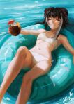  1girl absurdres bikini black_hair closed_eyes coconut coconut_cup double_bun flat_chest fruit_as_cup hair_bun highres holding jia_xichun_(project_moon) limbus_company multicolored_hair navel project_moon smile solo strapless strapless_bikini streaked_hair summer swimsuit white_hair zevzie 