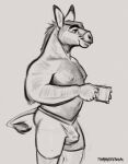 anthro areola asinus balls_outline bulge clothed clothing container cup detailed_bulge digital_media_(artwork) donkey equid equine fur genital_outline hi_res holding_container holding_cup holding_object male mammal monochrome navel nipples pecs penis_outline simple_background sketch smile solo standing tail timberdonk topless topless_anthro topless_male underwear underwear_only