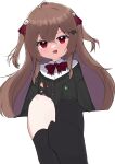  1girl absurdres ahoge asymmetrical_legwear bandaid bandaid_on_knee bandaid_on_leg black_cardigan black_socks black_thighhighs bow bowtie broken_heart broken_heart_hair_ornament brown_hair cardigan collared_shirt commentary dress_shirt evil_neuro-sama evil_neuro-sama_(1st_costume) feet foot_out_of_frame from_behind hair_between_eyes hair_ornament hair_ribbon heart heart_hair_ornament highres long_hair looking_at_viewer no_shoes off-shoulder_cardigan open_mouth red_bow red_bowtie red_eyes red_ribbon reims_dts5071 ribbon shirt single_sock single_thighhigh sitting skull_hair_ornament socks solo thighhighs torn_bowtie torn_ribbon transparent_background two_side_up uneven_legwear vedal_ai virtual_youtuber white_shirt 