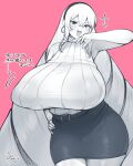  1girl :d absurdres armpits belt blush breasts commentary_request covered_nipples cowboy_shot crossed_bangs curly_hair curly_sidelocks curvy gigantic_breasts greyscale_with_colored_background hairband hand_on_own_hip hand_up highres jewelry kaneda_maria legs_together light_blush long_hair looking_at_viewer miniskirt monochrome motion_lines mount_celeb_kaneda-san no_pupils ojou-sama_pose pencil_skirt pink_background ring sidelocks signature simple_background skirt sleeveless sleeveless_sweater smile solo sparkle standing straight_hair sweater translation_request tsurime tsurumi_kazane v-shaped_eyebrows very_long_hair 