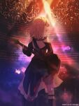  1girl 7-string_guitar absurdres artist_request bang_dream! bang_dream!_it's_mygo!!!!! bang_dream!_our_notes blonde_hair brown_corset chandelier clothing_cutout commentary_request corset doloris_(bang_dream!) extended_range_guitar from_behind guitar guitar_strap highres holding holding_guitar holding_instrument instrument medium_hair misumi_uika official_art open_mouth purple_eyes shoulder_cutout solo teeth upper_teeth_only 