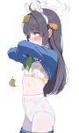 1girl ahoge animal_ears bikini bikini_under_clothes black_hair blue_archive blue_shirt commentary_request fake_animal_ears green_neckerchief grey_halo halo kaminokoppu_(footworks) leaf leaf_on_head leaf_print long_hair miyu_(blue_archive) miyu_(swimsuit)_(blue_archive) neckerchief pantyhose pantyhose_over_swimsuit print_bikini red_eyes shirt simple_background solo swimsuit undressing white_background white_bikini white_pantyhose 