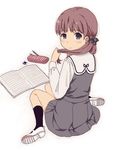  black_eyes blush bow brown_eyes eraser hair_bow holding holding_hair kneehighs long_hair looking_back mattaku_mousuke notebook original pencil pencil_case school_uniform shoes sitting skirt solo twintails uwabaki wariza 