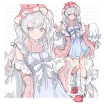  1girl :3 blue_eyes braid cardigan cho_kaguya-hime! closed_mouth commentary dress grey_dress grey_hair highres leg_warmers long_hair multicolored_eyes nami_(wa98449) off_shoulder open_cardigan open_clothes pink_cardigan pink_eyes runami_yachiyo sleeves_past_fingers sleeves_past_wrists twin_braids two-tone_eyes untranslatable_commentary white_leg_warmers zoom_layer 