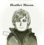  1girl alittlelost_00 closed_mouth coat commentary copyright_name english_commentary english_text expressionless freckles hair_tubes heather_mason looking_at_viewer short_hair silent_hill_(series) silent_hill_3 simple_background sketch sleeveless solo straight-on swept_bangs turtleneck upper_body vest wanted_poster 