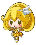  1girl :d blush bow bowtie chibi chibi_only commentary_request cure_peace double-parted_bangs double_v frilled_skirt frills full_body hair_between_eyes hair_ornament hands_up kise_yayoi kneehighs magical_girl open_mouth pleated_skirt ponytail precure shinjitsu shoes short_sleeves simple_background skirt smile smile_precure! socks solo standing v vest white_background white_socks wing_hair_ornament yellow_bow yellow_bowtie yellow_eyes yellow_shoes yellow_skirt yellow_vest 