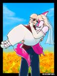 2026 3:4 5_fingers anthro armwear artist_name bald black_border black_tie_(suit) blonde_hair blue_sky bone_frill border bottomwear bow_tie breasts carrying_another carrying_partner cavemanon_studios clothing day denim denim_bottomwear denim_clothing digit_ring digital_drawing_(artwork) digital_media_(artwork) dinosaur dress duo elbow_gloves eyewear female field fingers footwear frill_(anatomy) gloves hadrosaurid hair handwear hi_res high_heels human i_wani_hug_that_gator inco_(iwhtg) jeans jewelry light-skinned_male light_body light_skin long_hair long_tail magenta_body magenta_scales male male/female mammal medium_breasts mia_moretti multicolored_body multicolored_scales ornithischian ornithopod outside pants parasaurolophus prehistoric_species reptile ring scales scalie shoes sky spiked_tail spikes spikes_(anatomy) suit sunglasses tail tail_around_partner text two_tone_body two_tone_scales vexcorp watermark wedding wedding_dress wedding_ring wedding_veil white_body white_clothing white_gloves white_handwear white_scales