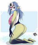 absurd_res animal_humanoid aquatic aquatic_humanoid arm_fin black_markings blue_submarine_no._6 external_gills facial_markings female fin fish fish_humanoid fish_in_mouth forehead_markings gills grey_hair hair head_markings hi_res humanoid hybrid implied_nudity kneeling long_hair looking_aside looking_at_viewer markings multicolored_body multicolored_skin mutio pointy_ears red_eyes red_markings side_view skyversa slim solo white_body yellow_body